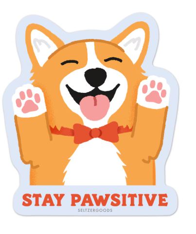 The Blue Dog Posters Pawsitive Corgi Vinyl Single Sticker features a cheerful corgi with its tongue out, red bow tie, and “STAY PAWSITIVE” text. Water resistant and ideal for laptops.