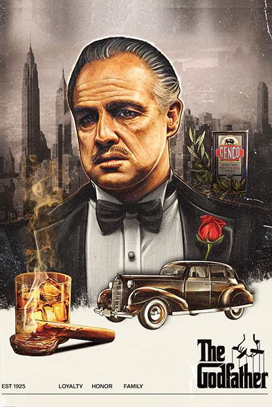 The Godfather - Corleone by MTV 120 features a stern man in a tuxedo, red rose, city skyline, vintage car, whiskey with cigar, and roses. Text: "The Godfather." Ideal for any Cult Movie Poster or Movies & TV Collection.