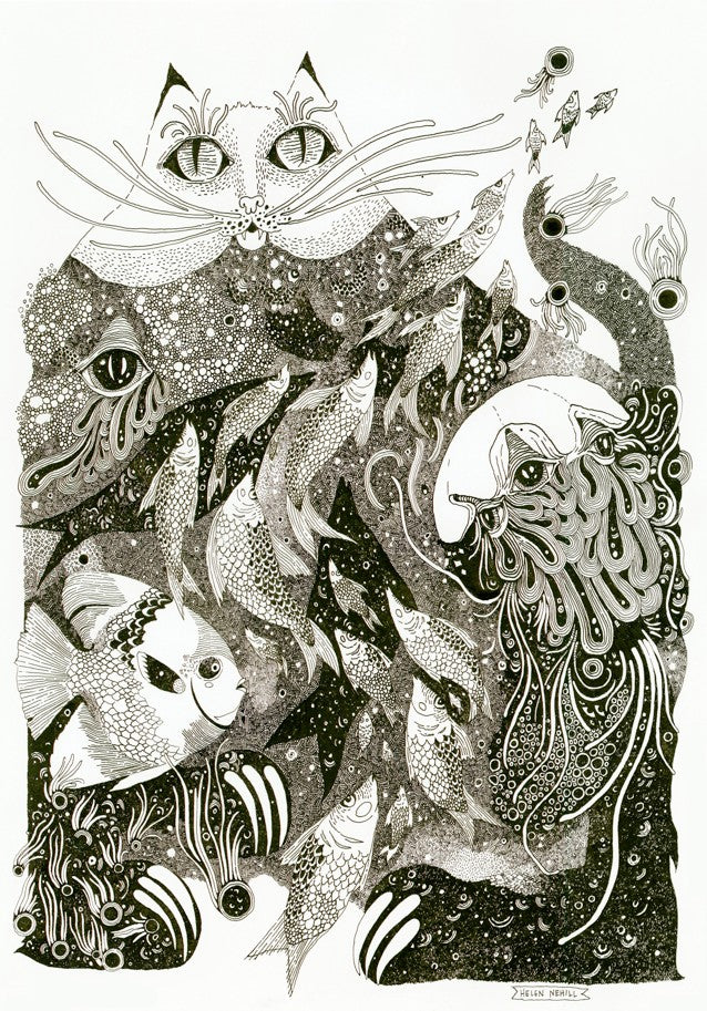 Cosmic Cat Sings of Fish by Helen Nehill Art from Blue Dog Posters features a detailed black-and-white cat with swirling patterns, fish, and abstract shapes, blending whimsical animal and aquatic elements.