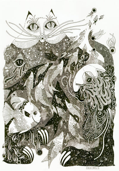 Cosmic Cat Sings of Fish by Helen Nehill Art from Blue Dog Posters features a detailed black-and-white cat with swirling patterns, fish, and abstract shapes, blending whimsical animal and aquatic elements.