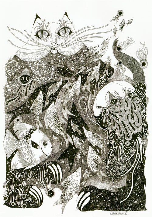 Cosmic Cat Sings of Fish by Helen Nehill Art from Blue Dog Posters features a detailed black-and-white cat with swirling patterns, fish, and abstract shapes, blending whimsical animal and aquatic elements.