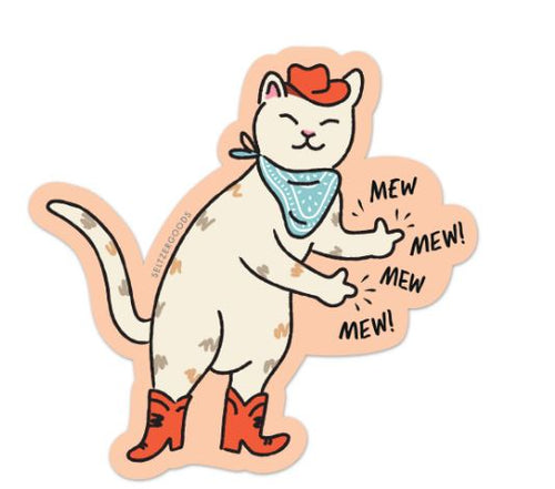 The Cowboy Kitty Vinyl Single Sticker by Blue Dog Posters features a cartoon cat in a red cowboy hat, blue bandana, and red boots, standing on two legs and making "mew" sounds—perfect as a playful, water-resistant laptop sticker.