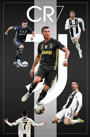 The SPO 057 CR7 Ronaldo poster features Cristiano Ronaldo in action poses wearing Juventus jerseys, "CR7" at the top, and a bold Juventus logo in the background—the ideal soccer poster for fans.