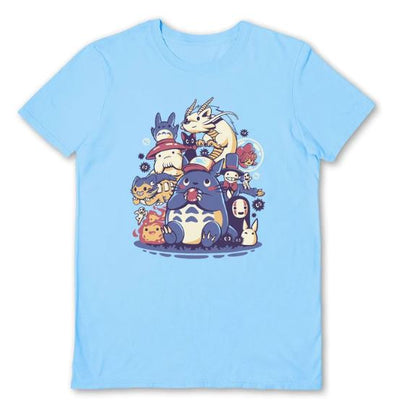 Check out the Creatures Spirits T-Shirt in light blue (size large) from Blue Dog Posters! This super cool tee features a vibrant illustration of various animated characters, including colorful animals and whimsical creatures, all set against a plain background. Available sizes cater to every unique artistic style.
