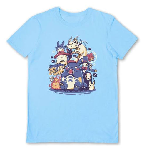 The "Creatures Spirits T-Shirt L Blue SML" by Blue Dog Posters is a vibrant light blue T-shirt showcasing an array of animated characters, including a central figure that resembles a friendly creature, surrounded by smaller whimsical elements. This cool shirt is ideal for expressing your support for talented artists.