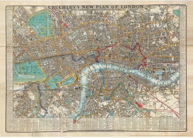 A detailed vintage map titled "Cruchleys London Poster Wrap" from Blue Dog Posters. This exquisite piece, ideal for decorative paper or gift wrap, showcases various streets, landmarks, and parks of London. It features color-coded regions, a blue river flowing through the map, and an index of street names at the bottom.