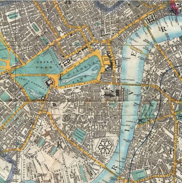 The Cruchleys London Poster Wrap by Blue Dog Posters showcases a detailed vintage map of central London, highlighting prominent landmarks including the River Thames, Hyde Park, and St. James's Park. Roads and buildings are intricately illustrated, with parks shaded in green and waterways in blue—making it an ideal gift wrap for antique map enthusiasts.