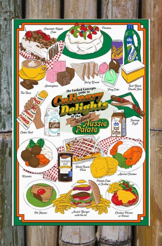 The Culinary Delights Tea Towel by Blue Dog Posters features charming labeled illustrations of iconic Aussie foods like pavlova, lamingtons, meat pies, and ANZAC biscuits—perfect as a colorful kitchen towel or unique culinary gift.