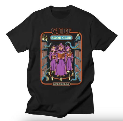 The Blue Dog Posters Cult Book Club T-Shirt Black Small features a vibrant design of three purple-robed readers in a circle, surrounded by bookshelves and candles. Made of soft cotton with a classic fit. Text: "CULT BOOK CLUB - READING CIRCLE.
