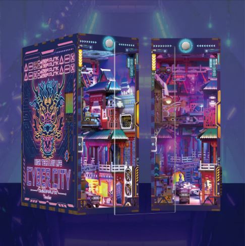 The Cyber City Large Book Nook Tonecheer by Blue Dog Posters features vibrant cyberpunk miniature scenes, cars, neon lights, and glowing signs against a purple backdrop with Cyber City graphics and Asian-inspired architecture.