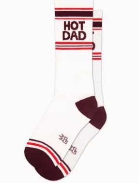Rock your lawn care look with Blue Dog Posters' Hot Dad Gym Crew Socks—white socks featuring maroon toes, heels, stripes, and bold "HOT DAD" text. Ideal for self-care days or powering through outdoor chores.