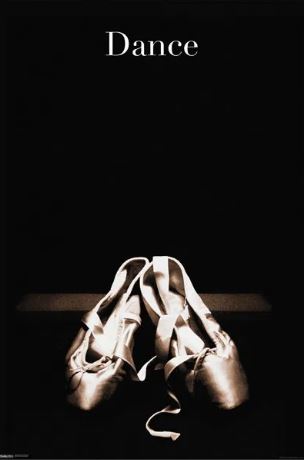 A pair of ballet pointe shoes with ribbons rests on a dark surface under “Dance” in white, featured in the Dance Poster series from ALT 044's Life & Humour Collection. A black background highlights the shoes.