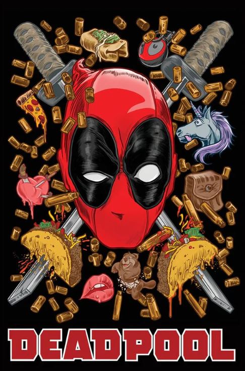 This MTV 196 Deadpool (Chimichanga) poster features Deadpool’s mask with bullets, swords, tacos, pizza, a unicorn, and more. "DEADPOOL" stands out in bold red—an ideal premium gloss poster for Marvel MCU fans.