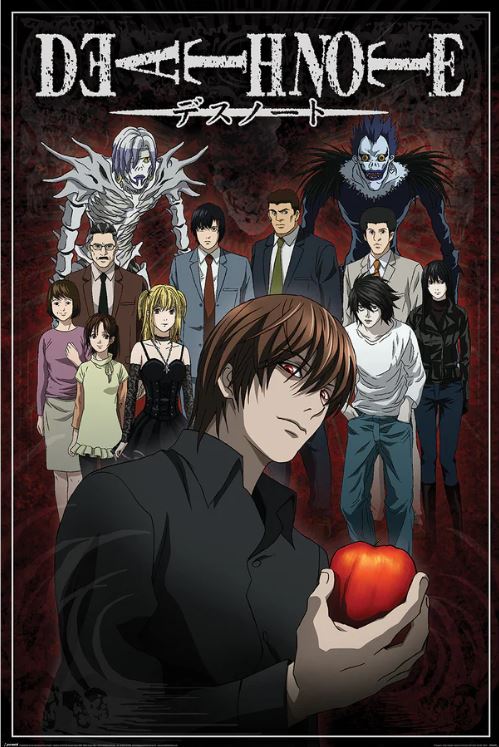 MTV 019’s "Death Note (Fate Connects Us)" poster showcases Light Yagami holding a red apple, surrounded by main characters plus shinigami Ryuk and Rem. The "Death Note" title is displayed prominently at the top.