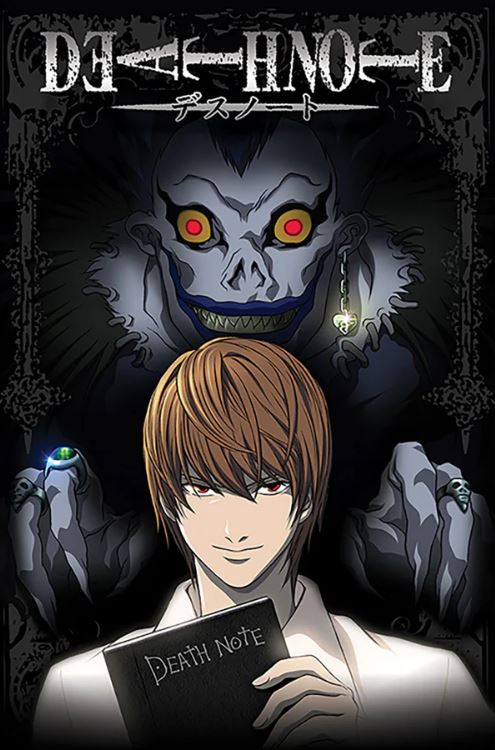 In the MTV 248 poster "Death Note - From The Shadows," a young man with light brown hair holds a Death Note as a dark, red-eyed creature with wings looms behind him in this captivating Japanese anime artwork.