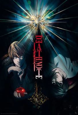The "Death Note Duo" by MTV features two anime characters facing opposite ways in the dark, divided by a glowing sword. A red apple and “DEATH NOTE” complete this must-have Anime Poster for any Japanese Animation collection.