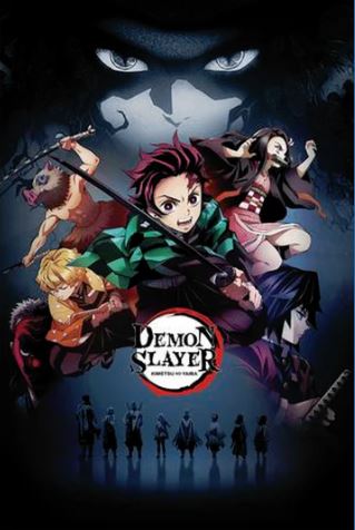 Showcase your Movies & TV collection with the MTV 141 Demon Slayer - Kimetsu No Yaiba anime poster, featuring main characters in dynamic poses, a menacing face above, and silhouettes below—ideal for any anime fan.