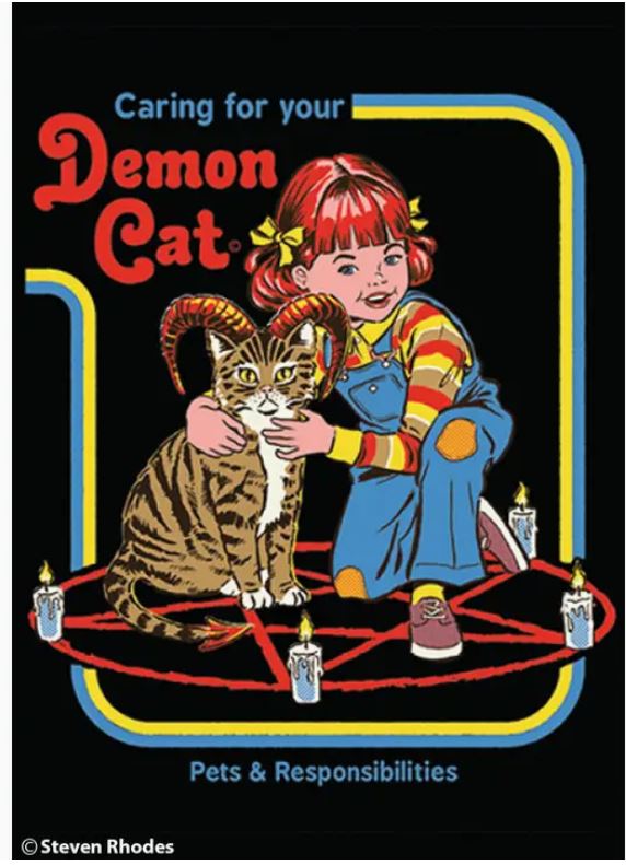 The Caring for Your Demon Cat Magnet by Blue Dog Posters features a red-haired cartoon girl kneeling beside a horned cat in a pentagram ringed with candles, styled like a Steven Rhodes retro magnet with the text: "Caring for your Demon Cat. Pets & Responsibilities.