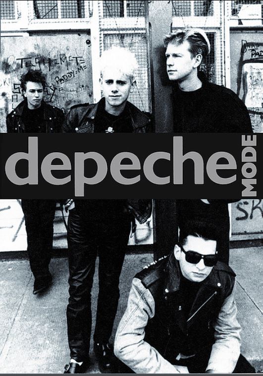 Black and white photo of Depeche Mode, featuring four members with two standing in the foreground and two in the background, all dressed in dark clothing. The band's name, "Depeche Mode," is prominently overlaid in large text across the middle of this stunning MUS 343 "Depeche Mode [eu]" electronic poster—an ideal addition to any music collection.