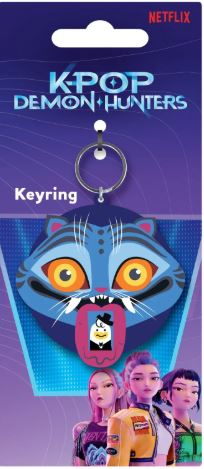 The K-Pop Demon Hunters Derpy Keyring by Blue Dog Posters features a blue stylized cat face and three animated female characters—perfect anime merchandise for fans of the Netflix show.