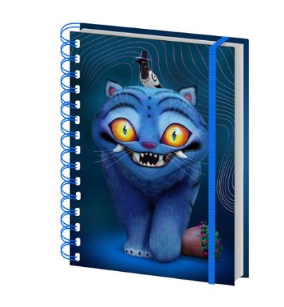 The K-Pop Demon Hunters - Derpy - A5 Wiro Notebook by Blue Dog Posters features a wide-eyed blue cat with a witch on its head, set on a dark blue background—ideal for fans of the official KPop Demon Hunters collection.