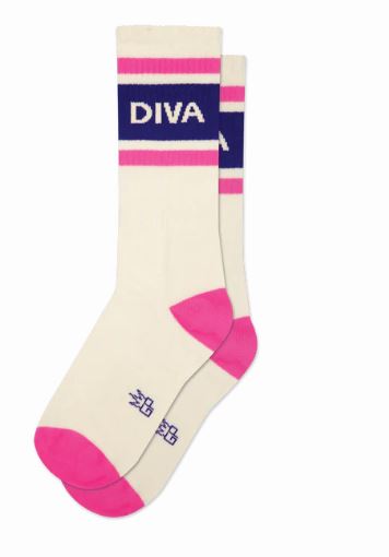 Blue Dog Posters’ Diva Gym Crew Socks are unisex, made in the USA with white fabric, pink toes, heels, and bands. Navy stripes display “DIVA” in white with small blue text near the toes—perfect for stylish gym wear.