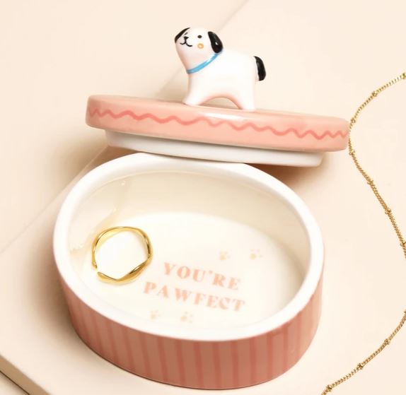 Pink Oval Ceramic Dog Trinket Pot