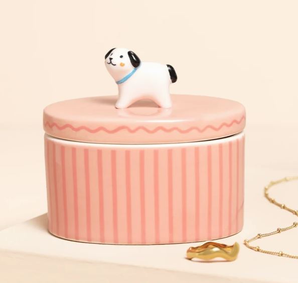 Pink Oval Ceramic Dog Trinket Pot