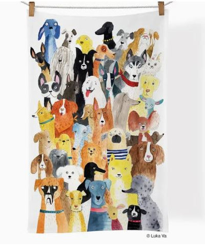 The Werkshoppe Tea Towel Dog Park by Blue Dog Posters features a vibrant array of over 30 dog breeds on a white background—a whimsical kitchen accessory that any dog lover will cherish.