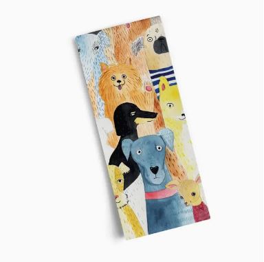 The Werkshoppe Tea Towel Dog Park by Blue Dog Posters features a vibrant cartoon-style illustration of various dog breeds grouped together on white cotton—an ideal gift for any dog lover.