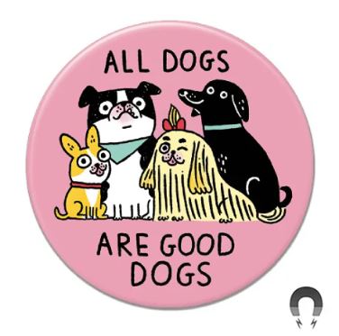 Illustration of four cartoon dogs on a pink background, inspired by Gemma Correll, with "ALL DOGS ARE GOOD DOGS"—the perfect Blue Dog Posters All Dogs Are Good Dogs Big Magnet.