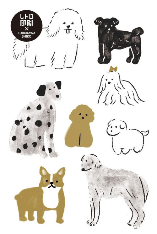 The Black Beige and Grey Dogs Riso Postcard by Blue Dog Posters features hand-drawn depictions of various dog breeds like a Dalmatian, bulldog, and poodle in a minimalist style, with a logo in the top left corner.