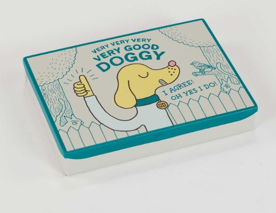 The Blue Dog Posters "Very Very Very Very Good Doggy" Small Tin features a cartoon dog giving a thumbs up with the text "VERY VERY VERY VERY GOOD DOGGY" and "I AGREE! OH YES I DO!", plus trees, birds, and a fence—perfect for dog lovers.