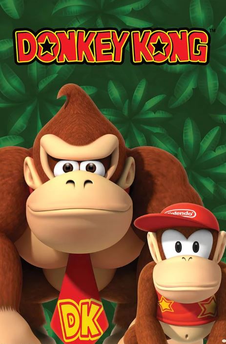 Nintendo (Donkey Kong and Diddy Kong) wall art by GAM 014 features Donkey Kong in his red "DK" tie and Diddy Kong in his red cap and shirt, standing together before a green jungle leaf background. "Donkey Kong" appears at the top.