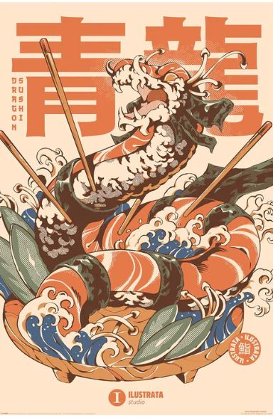The Ilustrata Dragon Sushi poster by ART showcases a sushi dragon made of rolls, seaweed, and chopsticks. It navigates stylized waves on premium gloss paper, with Japanese characters and "Sushi Dragon" elegantly printed on the side.