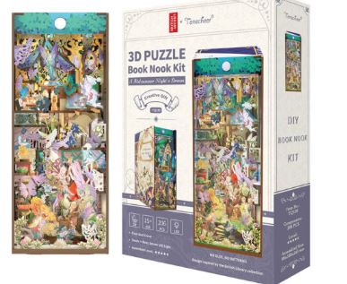 The Blue Dog Posters A Midsummer Night's Dream Large Book Nook Tonecheer is shown beside its box, featuring the assembled fantasy forest scene and highlighting it as an enchanting DIY 3D puzzle kit.