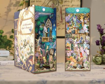 The Blue Dog Posters "A Midsummer Night’s Dream Large Book Nook Tonecheer" is a decorative 3D diorama with fairies, flowers, and forest layers that capture whimsical fantasy scenes inspired by the classic play.