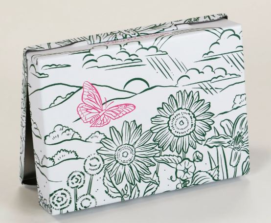 The Dumb Shit Small Tin by Blue Dog Posters features black line art of flowers, hills, clouds, a sun, and a pink butterfly on the front—ideal for compact storage or keeping items for future reference.