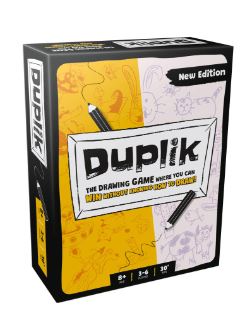 A box of Duplik (New Edition) by Blue Dog Posters, a fast-paced family drawing game for ages 8+, 3-6 players, 30 min playtime. Features pencil art and yellow-white background.