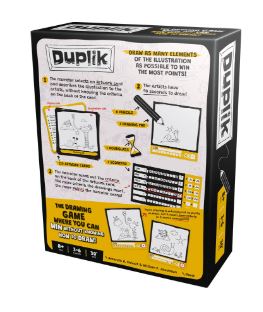 Back of the Duplik (New Edition) box by Blue Dog Posters, featuring game instructions, sample illustrations, and gameplay highlights. This fast-paced drawing game is for 3-10 players, ages 8+, with each round lasting about 30 minutes.