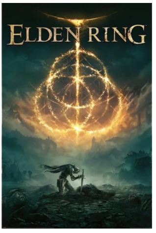 The GAM 007 "Elden Ring Battlefield of the Fallen" poster showcases a warrior kneeling with a sword beneath a glowing ring, set against a dark, misty landscape—ideal dramatic wall art for any gaming fan.