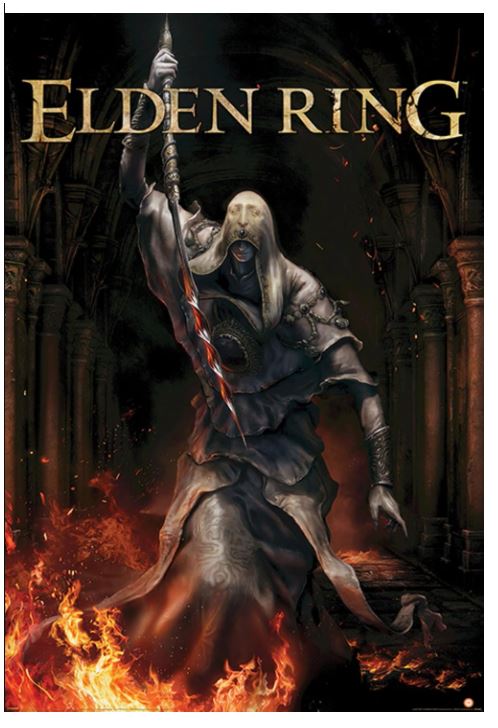 A hooded, armored figure with a twisted staff stands amid flames in a gothic scene. "Elden Ring The Tarnished One" by GAM 033 appears at the top—an epic pick for any Gaming Poster collection.