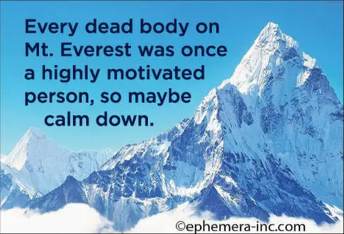A snowy mountain peak with the text: "Every dead body on Mt. Everest was once a highly motivated person, so maybe calm down." The Highly Motivated Person Magnet by Blue Dog Posters makes a unique motivational gift.