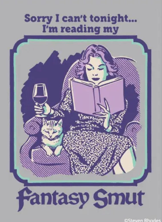 A woman with a cat, wine, and book graces the Blue Dog Posters “Reading My Fantasy Smut Magnet”—a witty fridge accessory featuring the line: “Sorry I can't tonight... I'm reading my Fantasy Smut.”.
