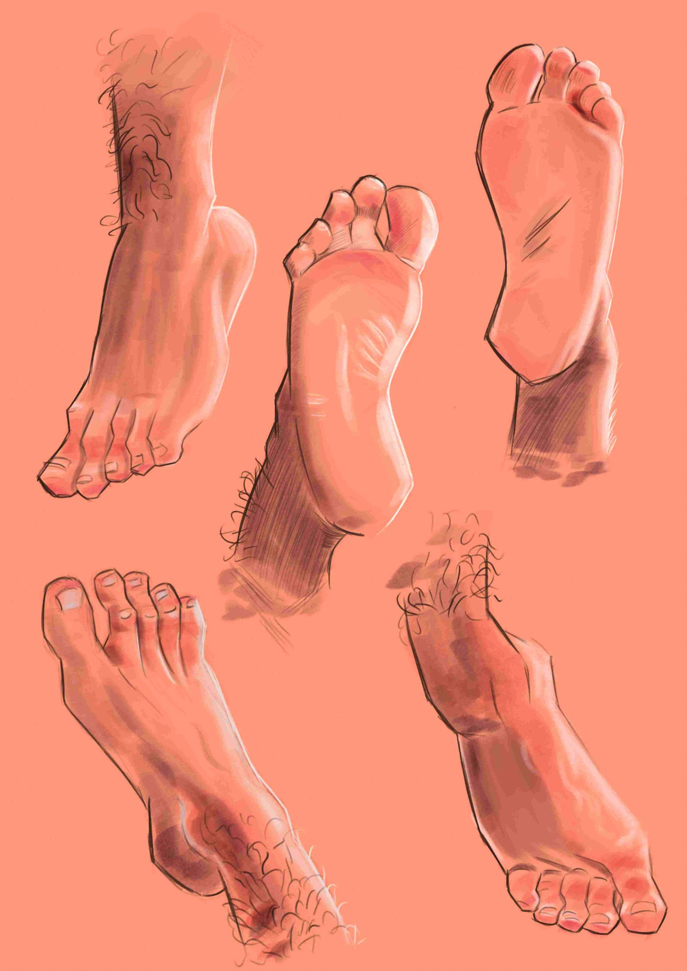 “Feet Treat by Miles Illustrated” from Blue Dog Posters features five sketch-style bare feet in various poses, displaying both tops and soles, set against a soft peachy pink background.