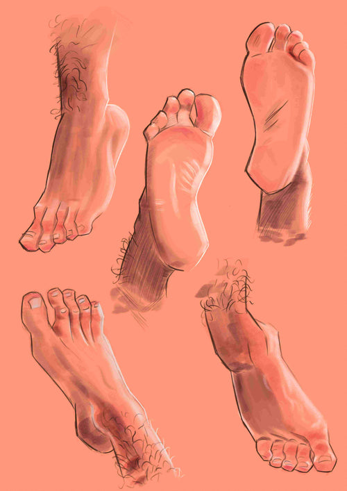 “Feet Treat by Miles Illustrated” from Blue Dog Posters features five sketch-style bare feet in various poses, displaying both tops and soles, set against a soft peachy pink background.