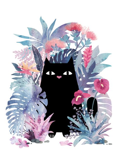 Popoki by Littleclyde, part of Blue Dog Posters' Featured Artist Collection, is an A3 print showing a black cat with a pink nose and heart-shaped mouth among pastel tropical plants and flowers on white.