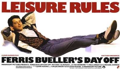 MTV 063's "Ferris Buellers Day Off" poster features a relaxed young man with hands behind his head, legs crossed, and bold "LEISURE RULES" text—ideal for any Movies & TV collection.