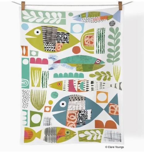 The Werkshoppe Tea Towel Fish School by Blue Dog Posters features a colorful, abstract fish and geometric pattern in green, blue, orange, pink, and yellow on white. Art by Clare Youngs.