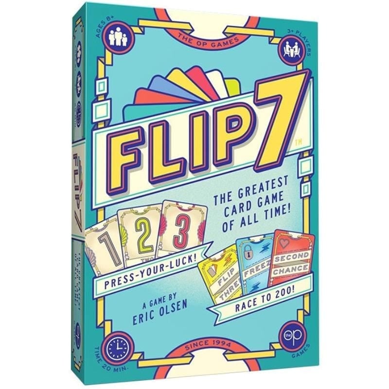 Flip 7 by Blue Dog Posters: A vibrant card game box with bold "The Greatest Card Game of All Time!" tagline. Features press-your-luck gameplay and a race to 200 for exciting strategy fun.